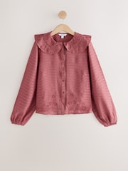 Dark Pink Embroidered Cutwork Detail Collared Long Sleeve Blouse - Image 5 of 7