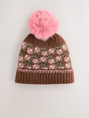 Brown/Pink Floral Pom Beanie Hat (3mths-16yrs) - Image 1 of 3