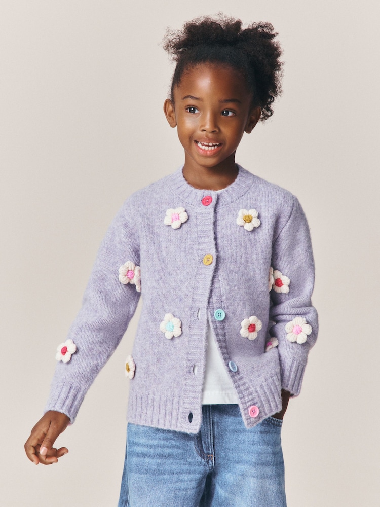 Little Bird by Jools Oliver Lilac Purple 3D Hand Crocheted Rainbow Floral Cardigan - Image 2 of 7