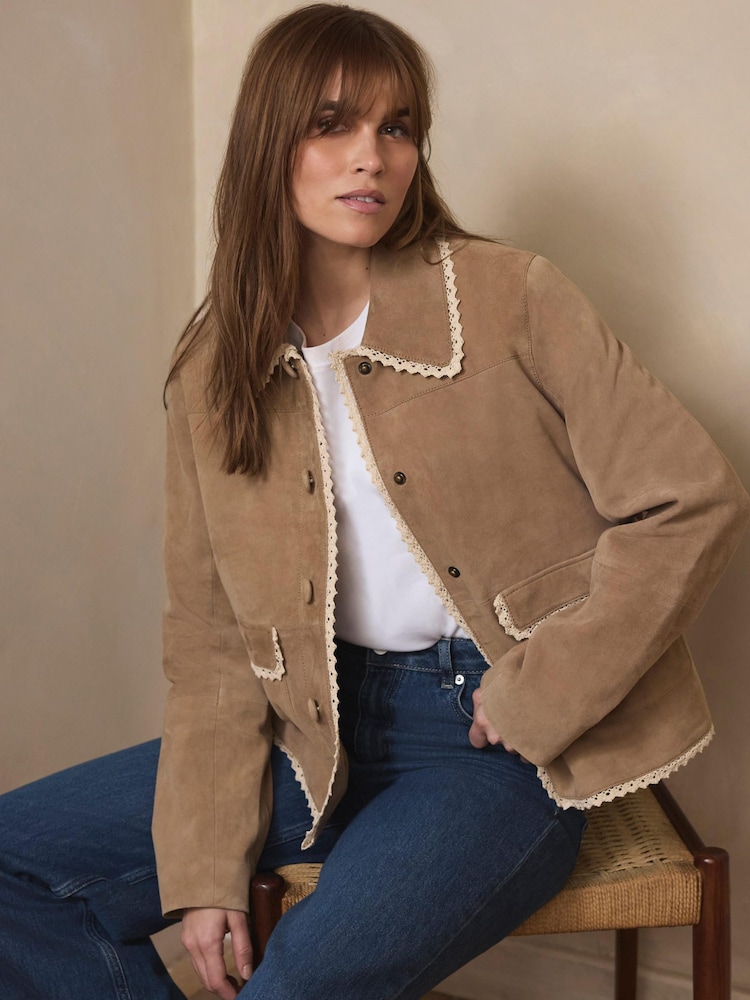 Mint Velvet Natural Suede Crochet Trim Jacket - Image 1 of 8