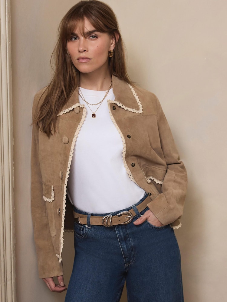 Mint Velvet Natural Suede Crochet Trim Jacket - Image 2 of 8