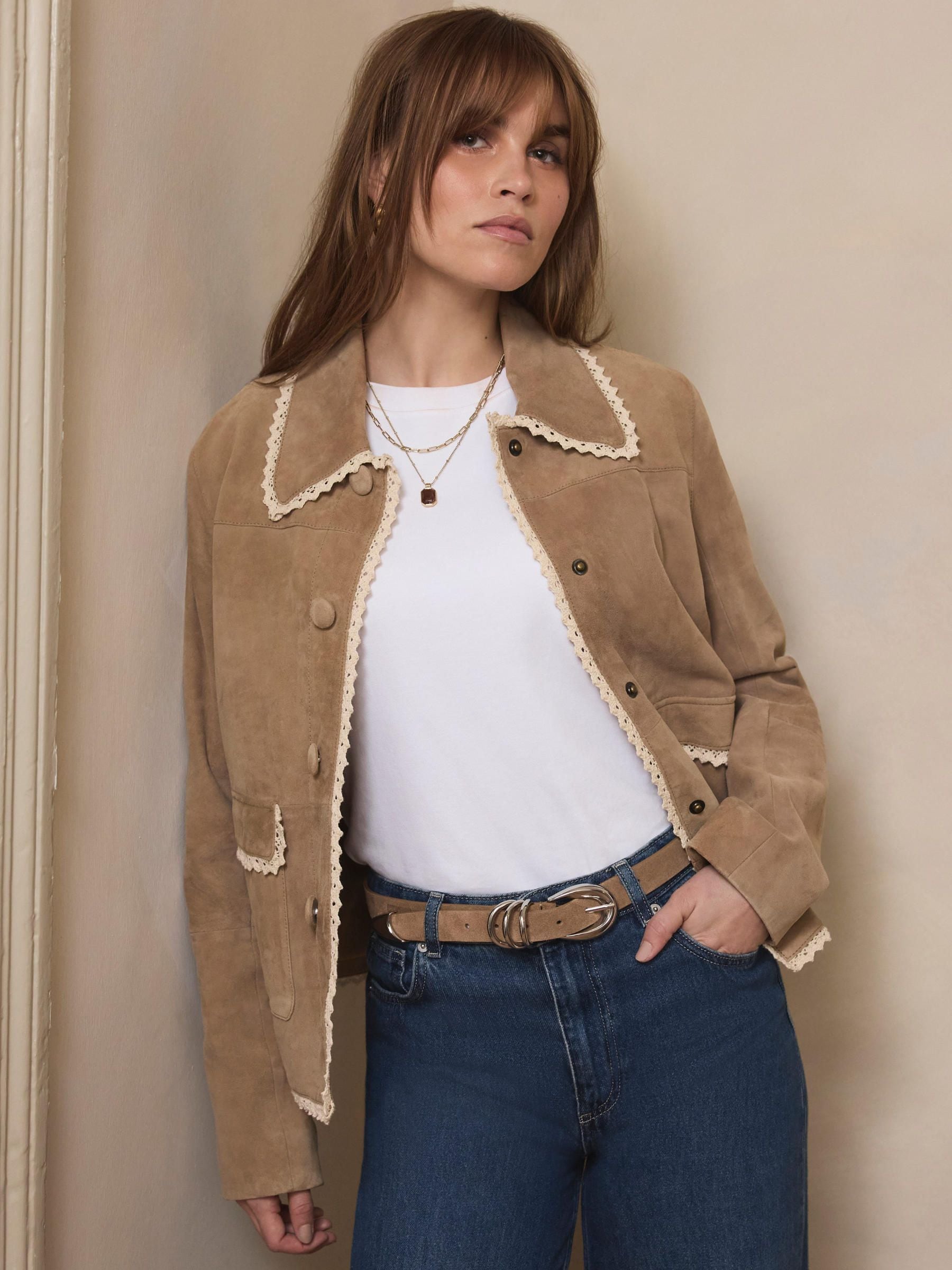 Buy Mint Velvet Natural Suede Crochet Trim Jacket from the Next UK
