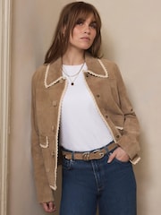 Mint Velvet Natural Suede Crochet Trim Jacket - Image 3 of 8