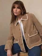 Mint Velvet Natural Suede Crochet Trim Jacket - Image 4 of 8