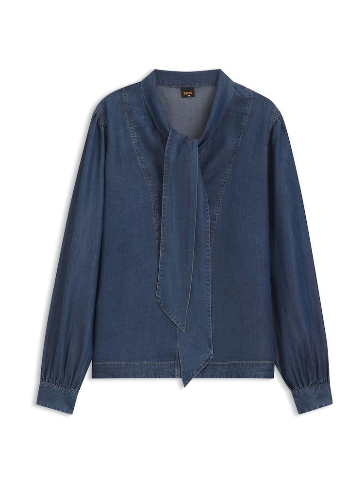 BOSS Blue Tie Neck Blouse - Image 1 of 1 BOSS Blue Tie Neck Blouse - Image 1 of 1