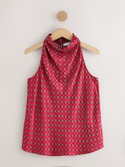 Red Geometric Foulard Print Satin Halterneck Top - Image 1 of 3