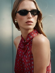 Red Geometric Foulard Print Satin Halterneck Top - Image 4 of 7