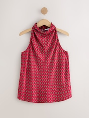 Red Geometric Foulard Print Satin Halterneck Top - Image 5 of 7