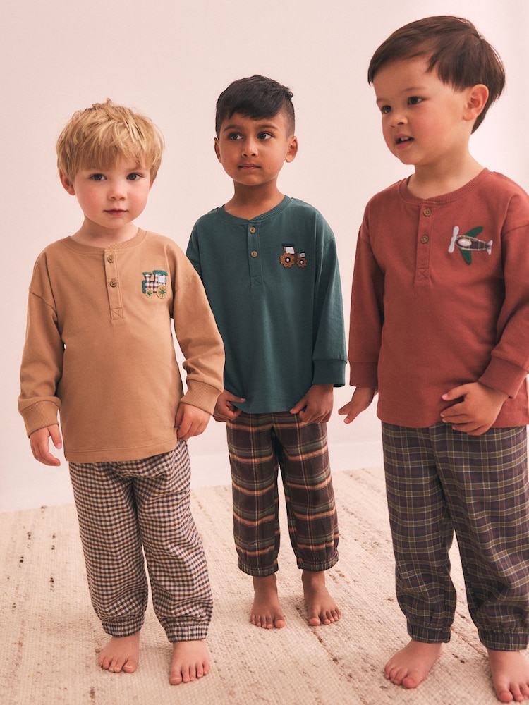 Tan/Teal/Rust Transport Check Woven Bottom Pyjamas 3 Pack (9mths-12yrs) - Image 1 of 3 Tan/Teal/Rust Transport Check Woven Bottom Pyjamas 3 Pack (9mths-12yrs) - Image 1 of 3