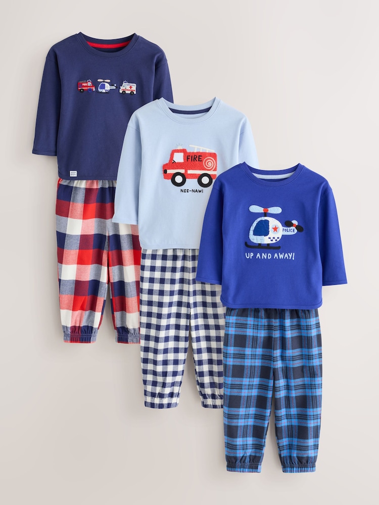 Blue/Navy Emergency Vechiles Check Woven Bottom Pyjamas 3 Pack (9mths-12yrs) - Image 1 of 7 Blue/Navy Emergency Vechiles Check Woven Bottom Pyjamas 3 Pack (9mths-12yrs) - Image 1 of 7