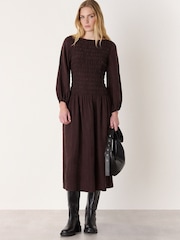 Whistles Brown Checked Shirred Dress - Image 1 of 3