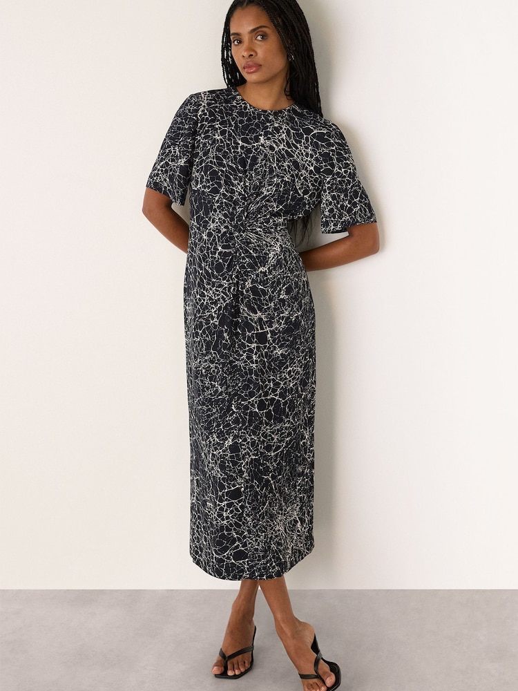 Whistles Blue Crackle Print Twist Midi Dress - Image 1 of 4