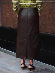 Chocolate Brown Textured Faux Leather Column Midi Skirt - Image 3 of 7