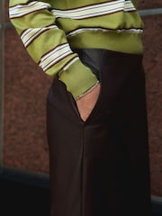 Chocolate Brown Textured Faux Leather Column Midi Skirt - Image 4 of 7