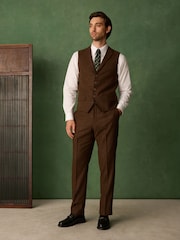 بني مائل للأحمر - Slim Fit Nova Fides Italian Wool Blend Trimmed Herringbone Suit Waistcoat - صورة 2 من 9