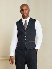 Marineblau - Regular Fit Nova Fides Italian Wool Blend Trimmed Textured Suit Waistcoat - Bild 1 von 5