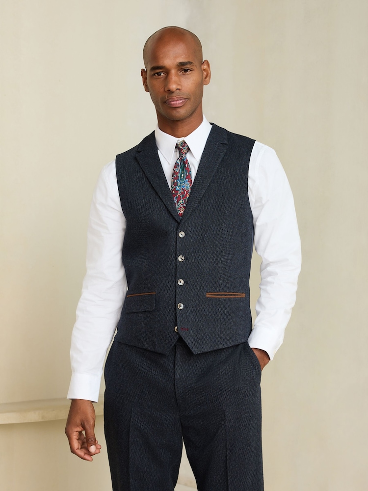 Marineblau - Regular Fit Nova Fides Italian Wool Blend Trimmed Textured Suit Waistcoat - Bild 1 von 5