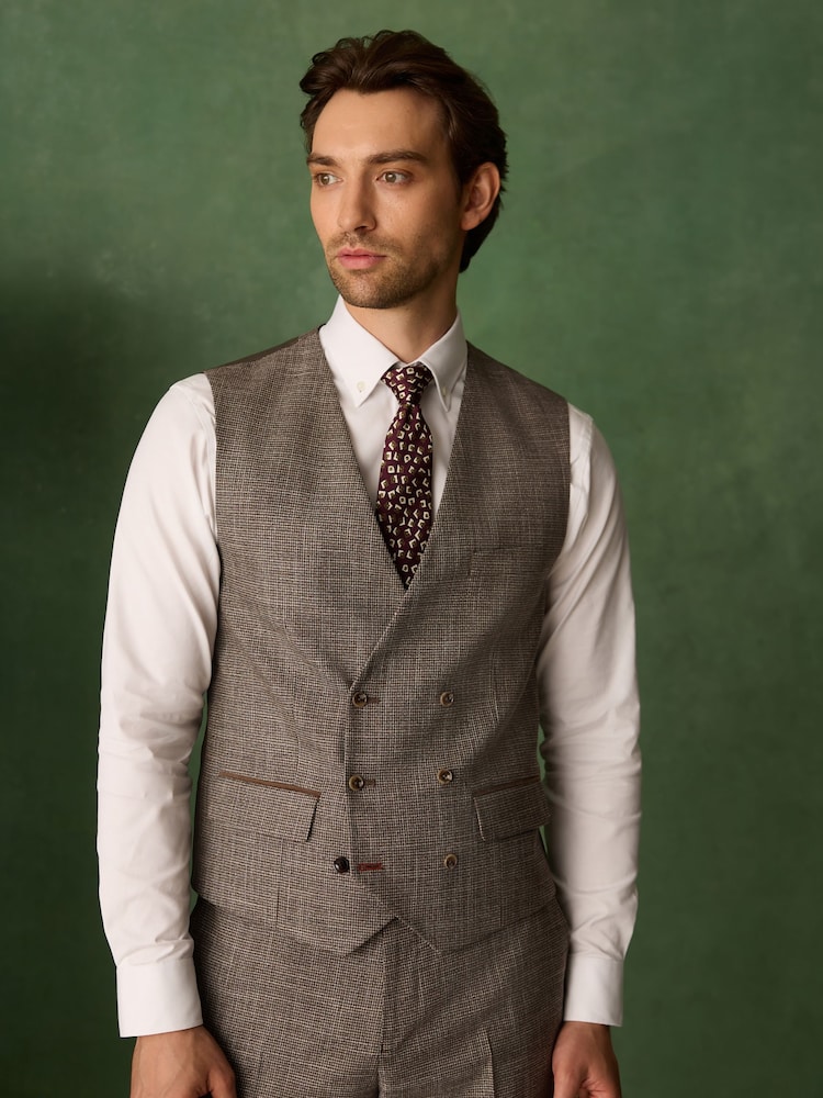 Brun - Regular Fit Trimmed Puppytooth Texture Suit Waistcoat - Billede 1 af 5 Brun - Regular Fit Trimmed Puppytooth Texture Suit Waistcoat - Billede 1 af 5