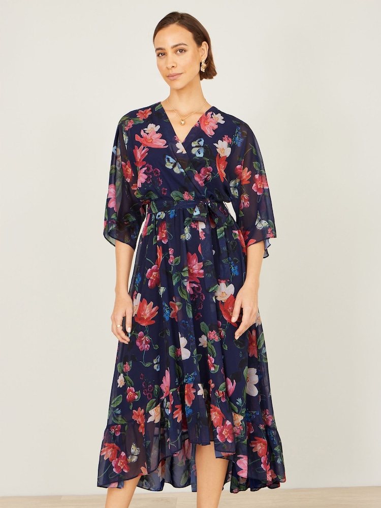Yumi Blue Floral Kimono Wrap Dress With Dip Hem - Image 1 of 5