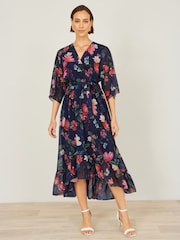 Yumi Blue Floral Kimono Wrap Dress With Dip Hem - Image 2 of 5