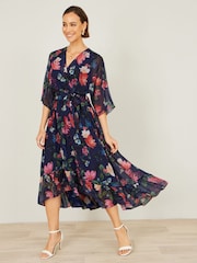 Yumi Blue Floral Kimono Wrap Dress With Dip Hem - Image 4 of 5
