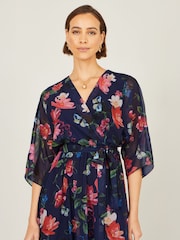 Yumi Blue Floral Kimono Wrap Dress With Dip Hem - Image 5 of 5