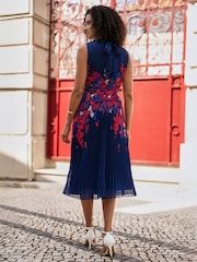 Yumi Blue Border Floral Print Midi Dress With Pleats - Image 3 of 5