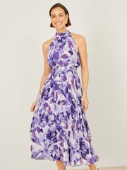 Yumi Purple Abstract Floral Halter Neck Pleated Midi Dress - Image 1 of 5