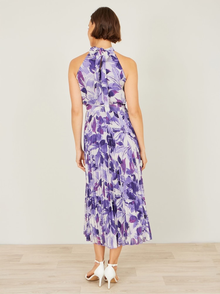 Yumi Purple Abstract Floral Halter Neck Pleated Midi Dress - Image 2 of 5