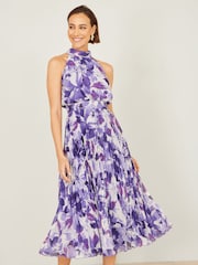 Yumi Purple Abstract Floral Halter Neck Pleated Midi Dress - Image 3 of 5