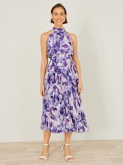 Yumi Purple Abstract Floral Halter Neck Pleated Midi Dress - Image 4 of 5