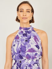 Yumi Purple Abstract Floral Halter Neck Pleated Midi Dress - Image 5 of 5