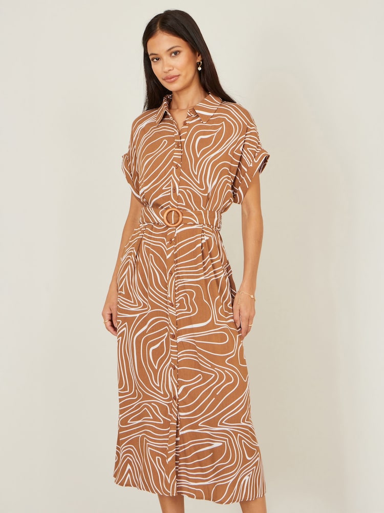 Yumi Brown Abstract Swirl Print Relaxed Midi Shirt Dress With Belt - Image 1 of 5