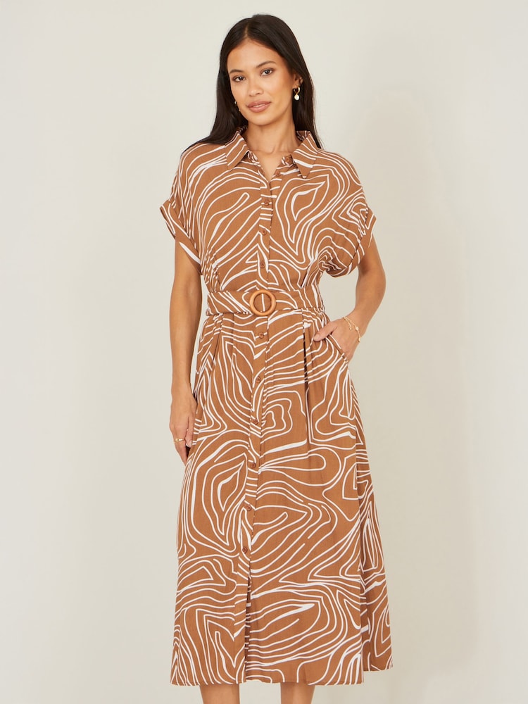 Yumi Brown Abstract Swirl Print Relaxed Midi Shirt Dress With Belt - Image 2 of 5