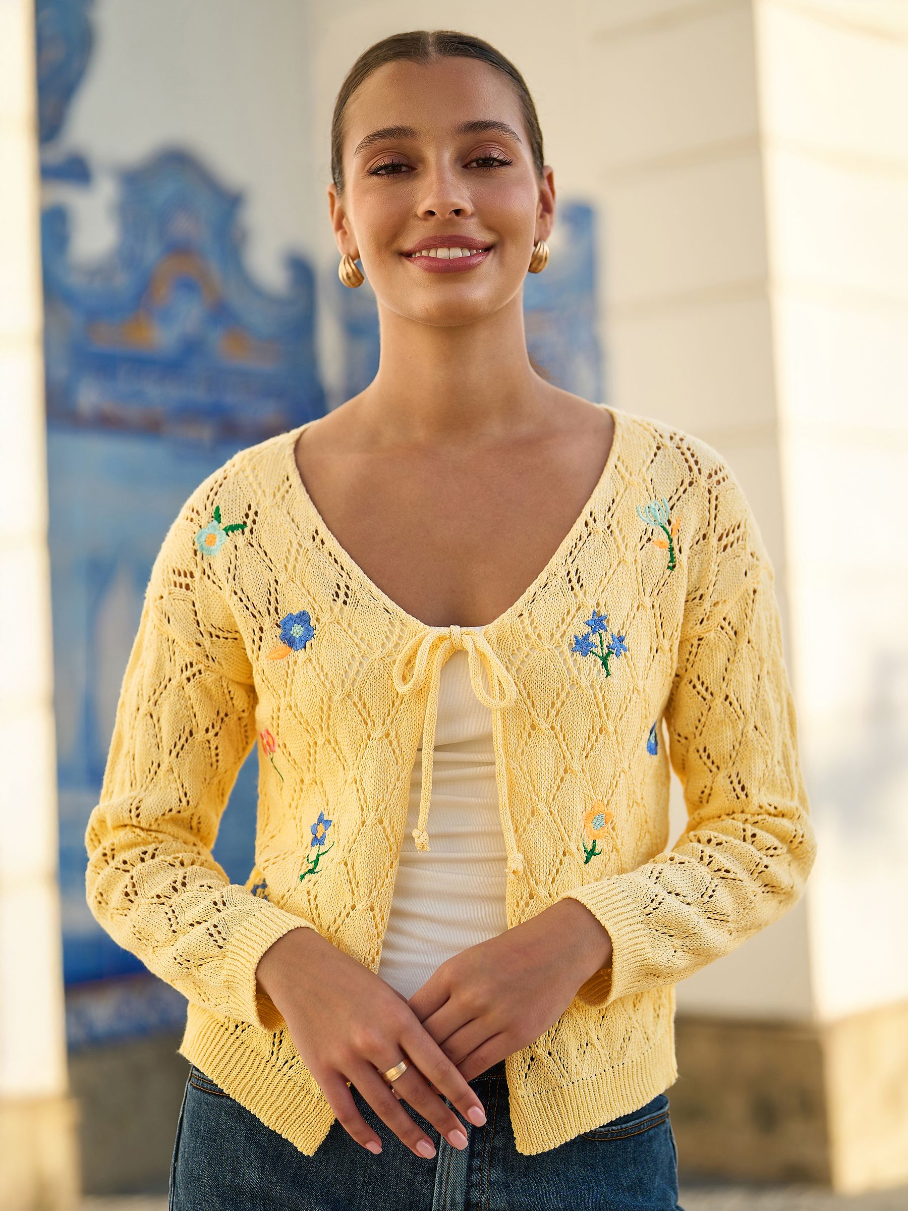 Buy Yumi Yellow Embroidered Pointelle Cardigan from the Next UK