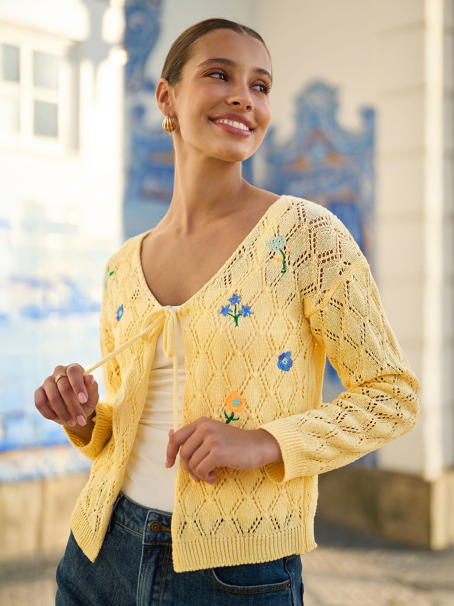 Buy Yumi Yellow Embroidered Pointelle Cardigan from the Next UK