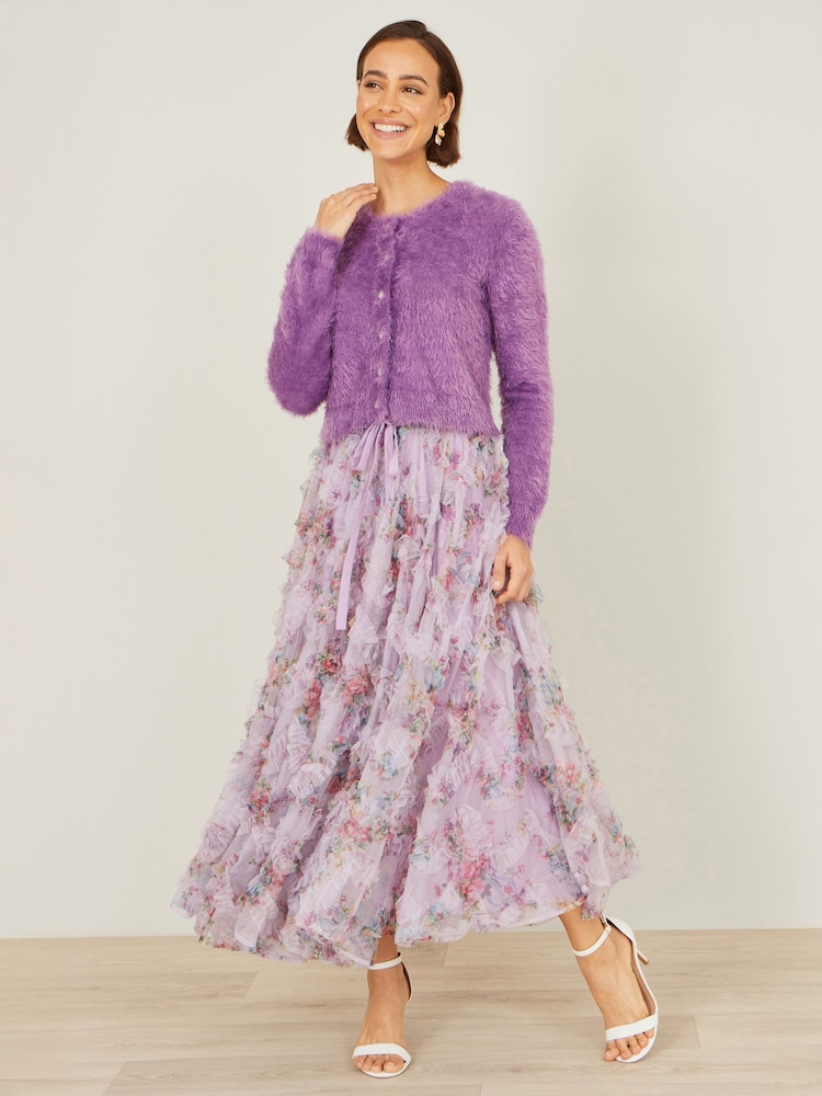 Yumi Purple Eyelash Knit Cropped Cardigan - Image 5 of 5