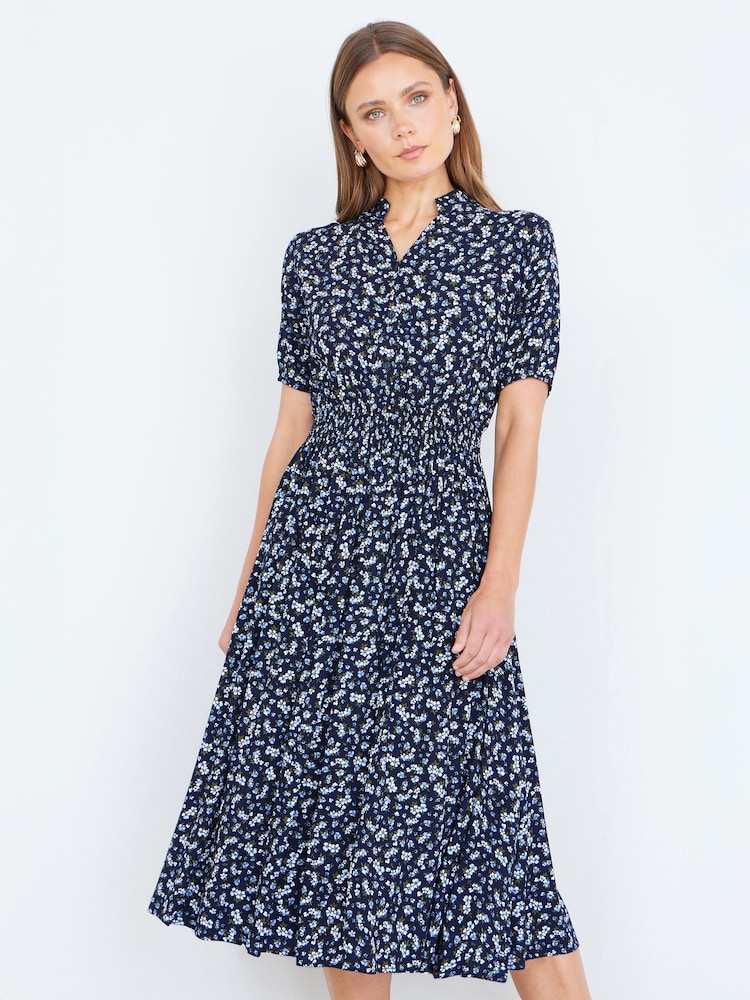 Yumi Blue Ditsy Floral Midi Shirt Dress With Ruched Waist - Image 1 of 4