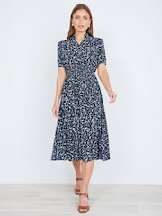 Yumi Blue Ditsy Floral Midi Shirt Dress With Ruched Waist - Image 2 of 4
