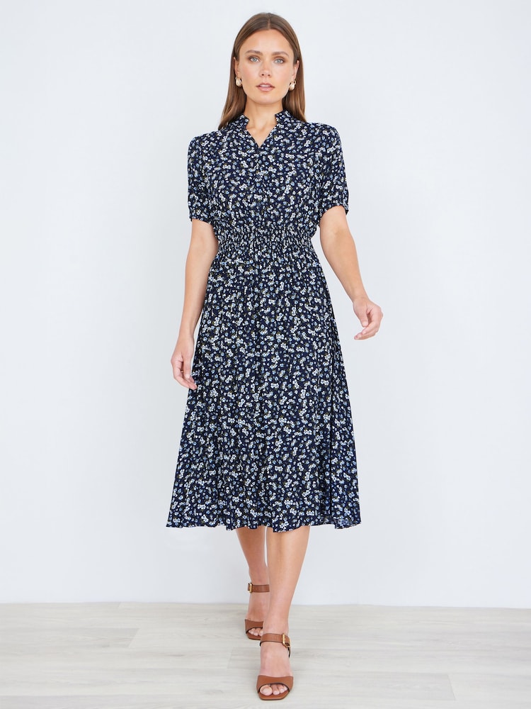 Yumi Blue Ditsy Floral Midi Shirt Dress With Ruched Waist - Image 2 of 4