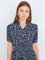 Yumi Blue Ditsy Floral Midi Shirt Dress With Ruched Waist - Image 3 of 4