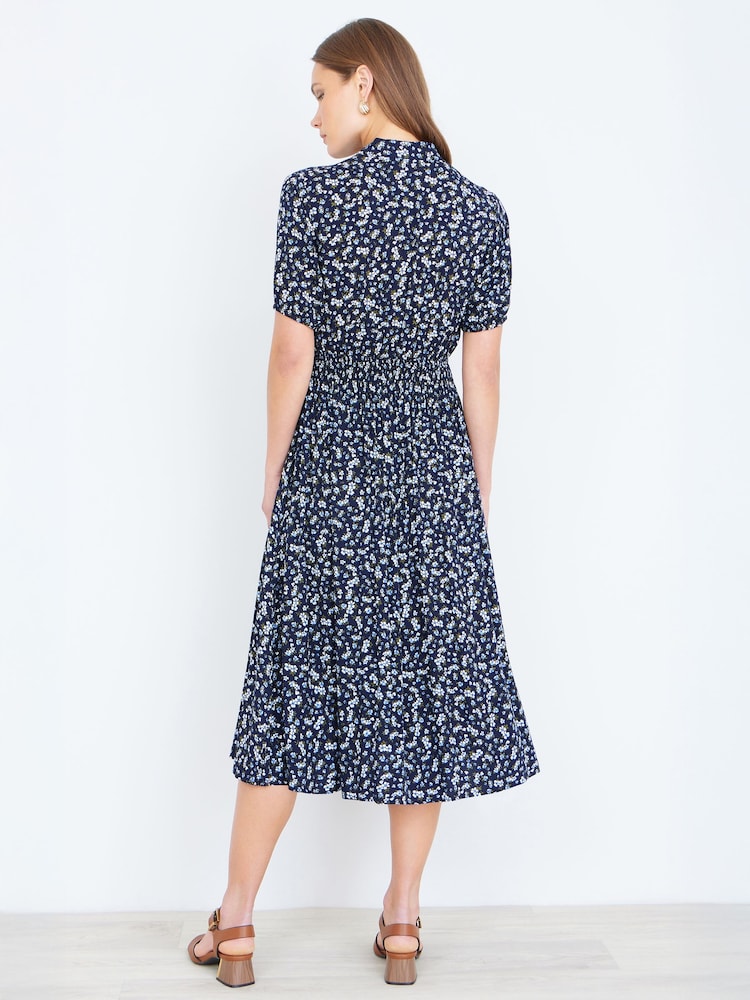 Yumi Blue Ditsy Floral Midi Shirt Dress With Ruched Waist - Image 4 of 4