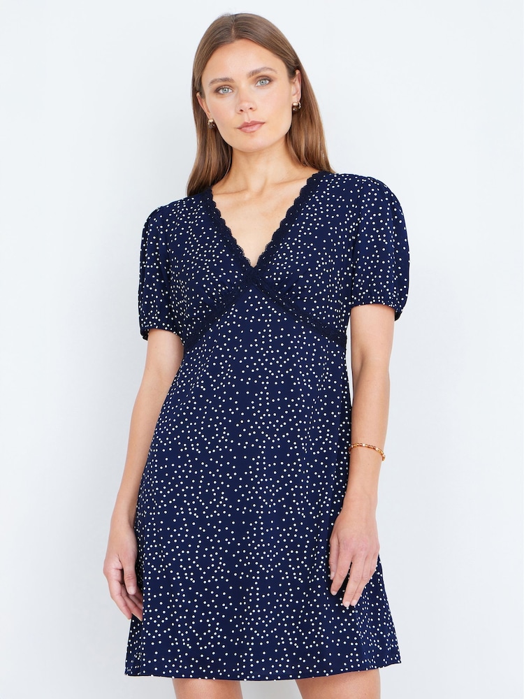 Yumi Blue Spot Print Lace Trim Skater Dress - Image 1 of 4 Yumi Blue Spot Print Lace Trim Skater Dress - Image 1 of 4