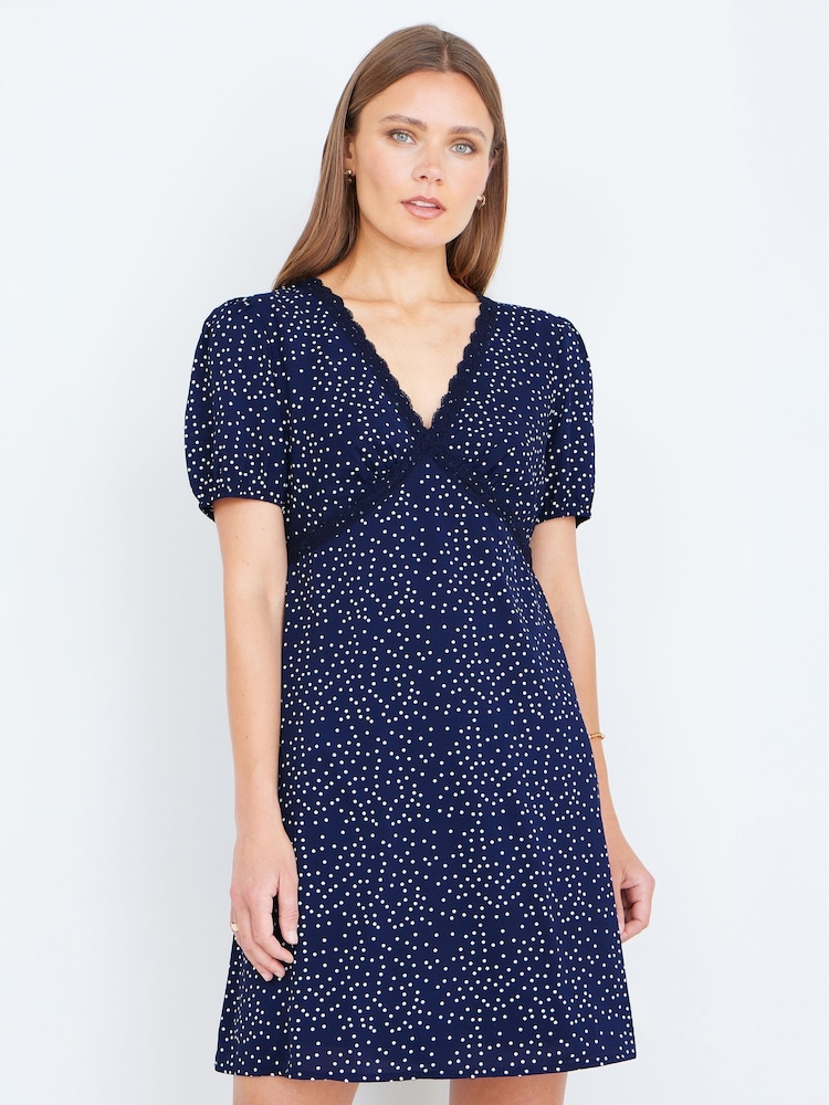 Yumi Blue Spot Print Lace Trim Skater Dress - Image 2 of 4 Yumi Blue Spot Print Lace Trim Skater Dress - Image 2 of 4