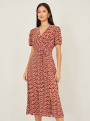 Yumi Brown Spot Wrap Midi Dress - Image 1 of 5