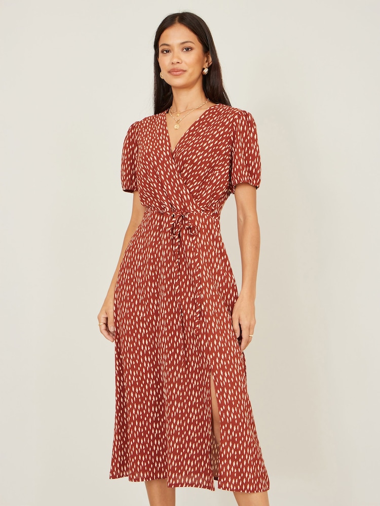 Yumi Brown Spot Wrap Midi Dress - Image 1 of 5 Yumi Brown Spot Wrap Midi Dress - Image 1 of 5