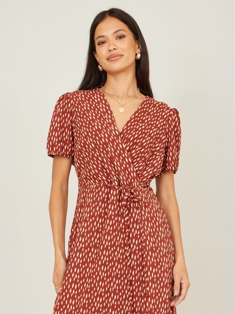 Yumi Brown Spot Wrap Midi Dress - Image 2 of 5 Yumi Brown Spot Wrap Midi Dress - Image 2 of 5