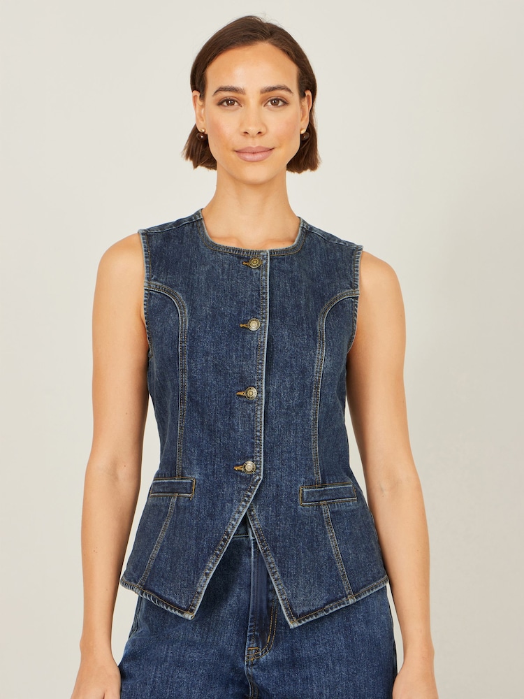 Yumi Blue Stretch Long Denim Waistcoat - Image 1 of 3