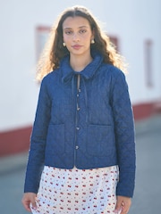 Yumi Blue Chambray Quilted Jacket With Cherry Lining - Image 1 of 5