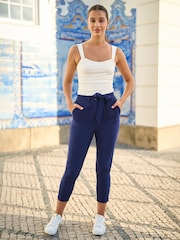 Yumi Blue Stretch Capri Pants With Tie Belt - Image 1 of 5